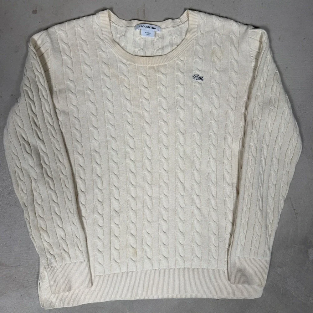 Lacoste Mens Cable Knit‎ Cotton Sweater Cream White Crew Neck Size 40
